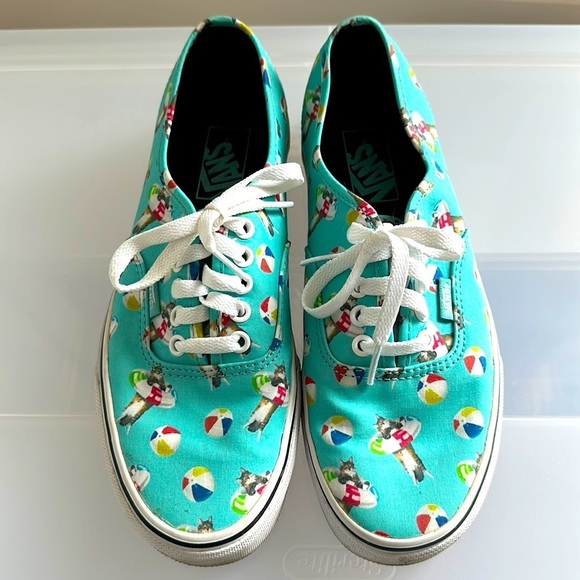 Vans Off The Wall Teal Cat & Beach Ball Canvas Sneakers Women’s 8 GUC Low Top